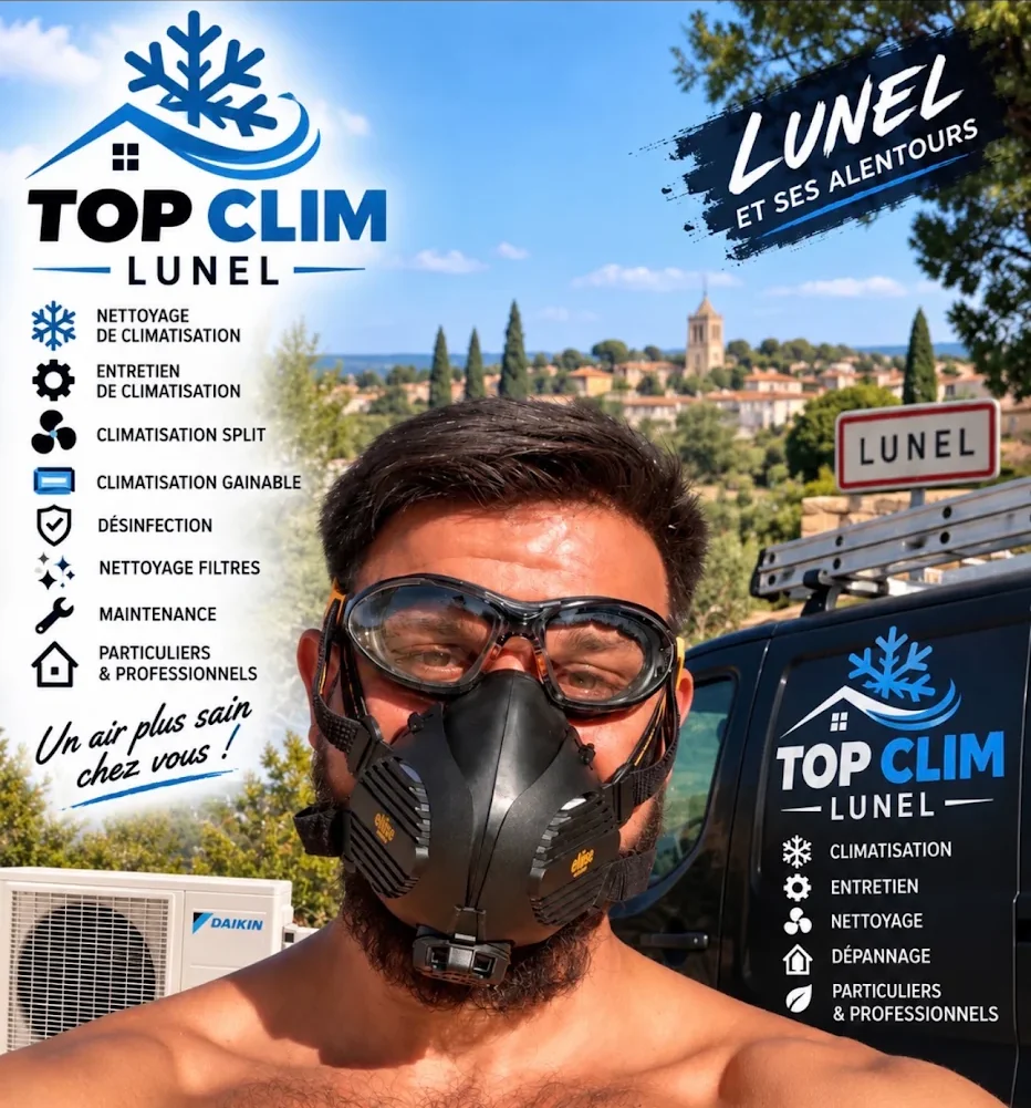 L'artisan de Top Clim Lunel en tenue de protection devant son camion, à Lunel
